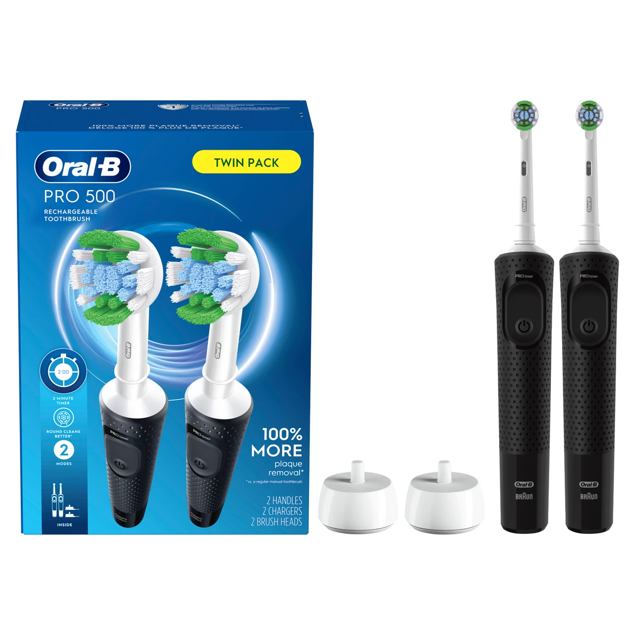 Pro 500 Rechargeable Electric Toothbrush Twin Pack, Black - Image 2