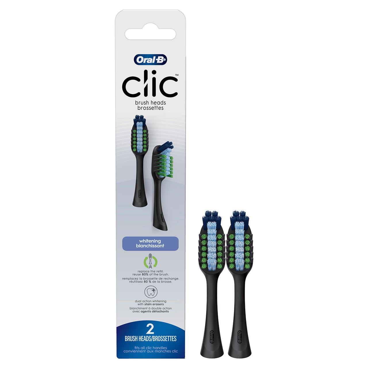 Clic Toothbrush Whitening Replacement Brush Heads, Black, 2 Count